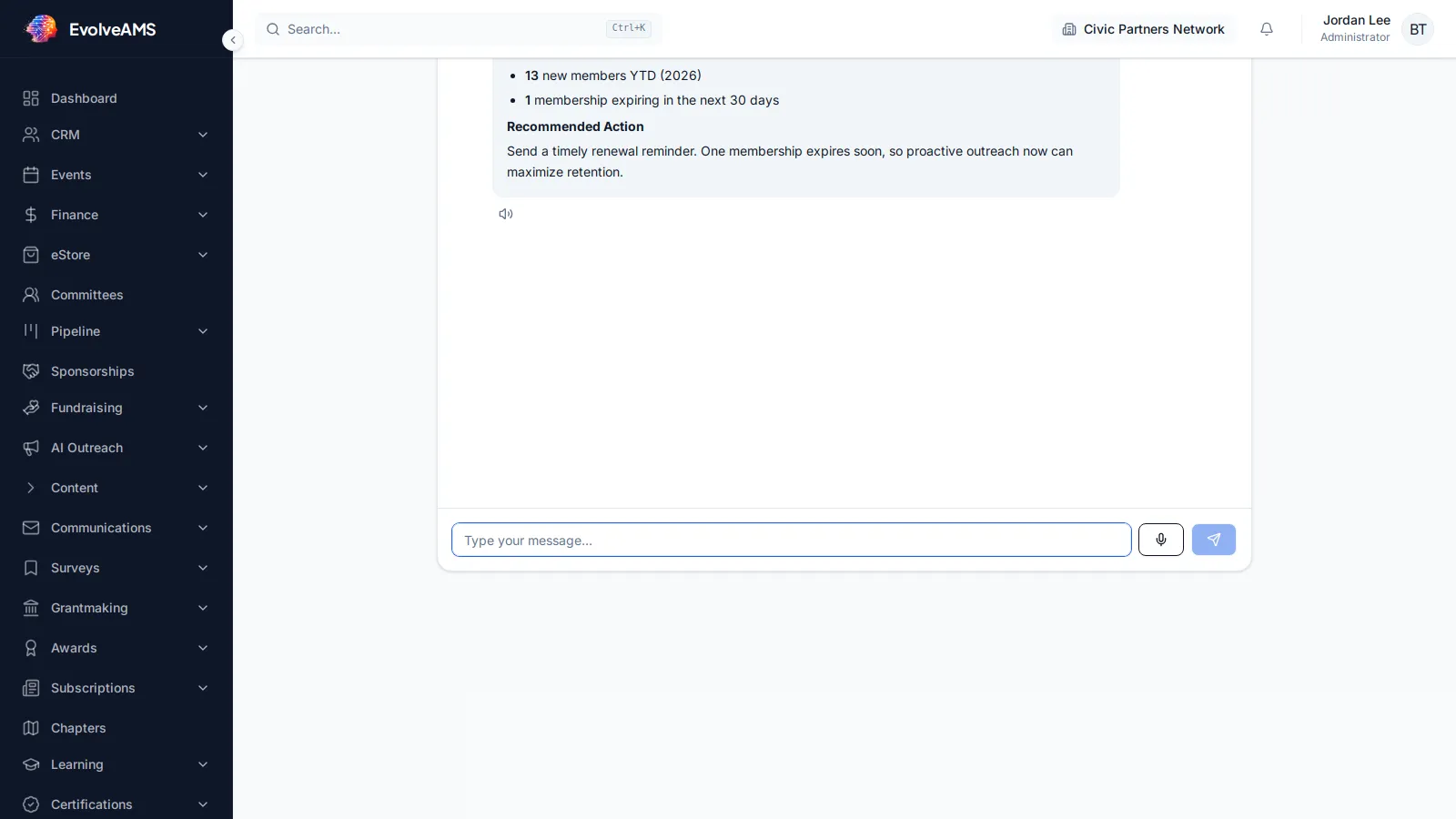 EvolveAMS Staff Assistant showing an aggregate membership snapshot, a recommended retention action, voice controls, and the message composer