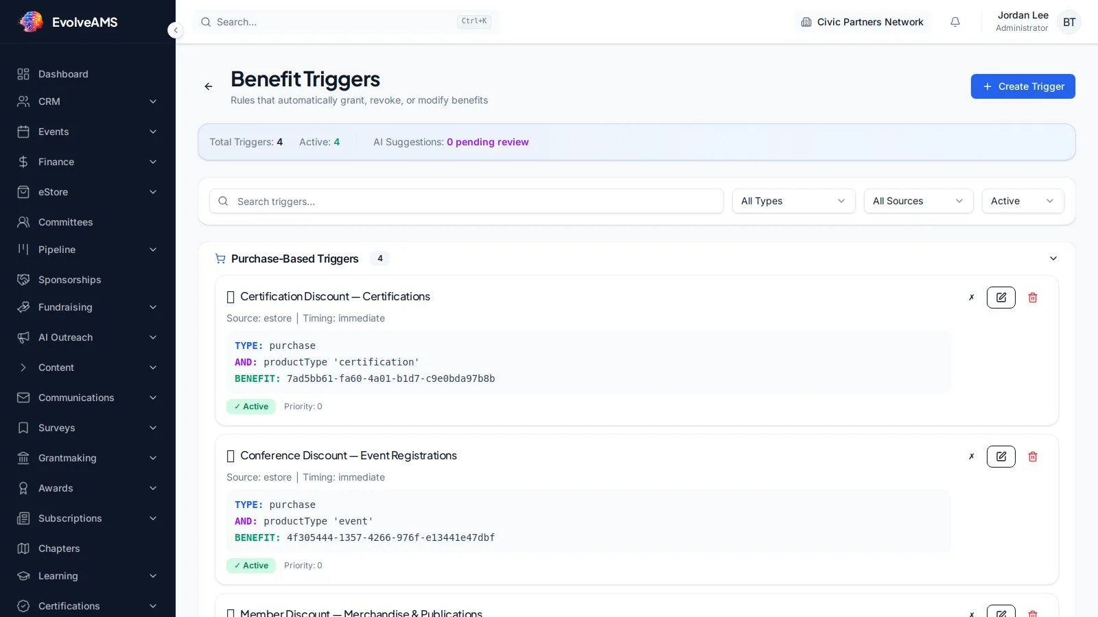 EvolveAMS Benefit Triggers page with purchase, engagement, time and milestone, and revocation trigger categories