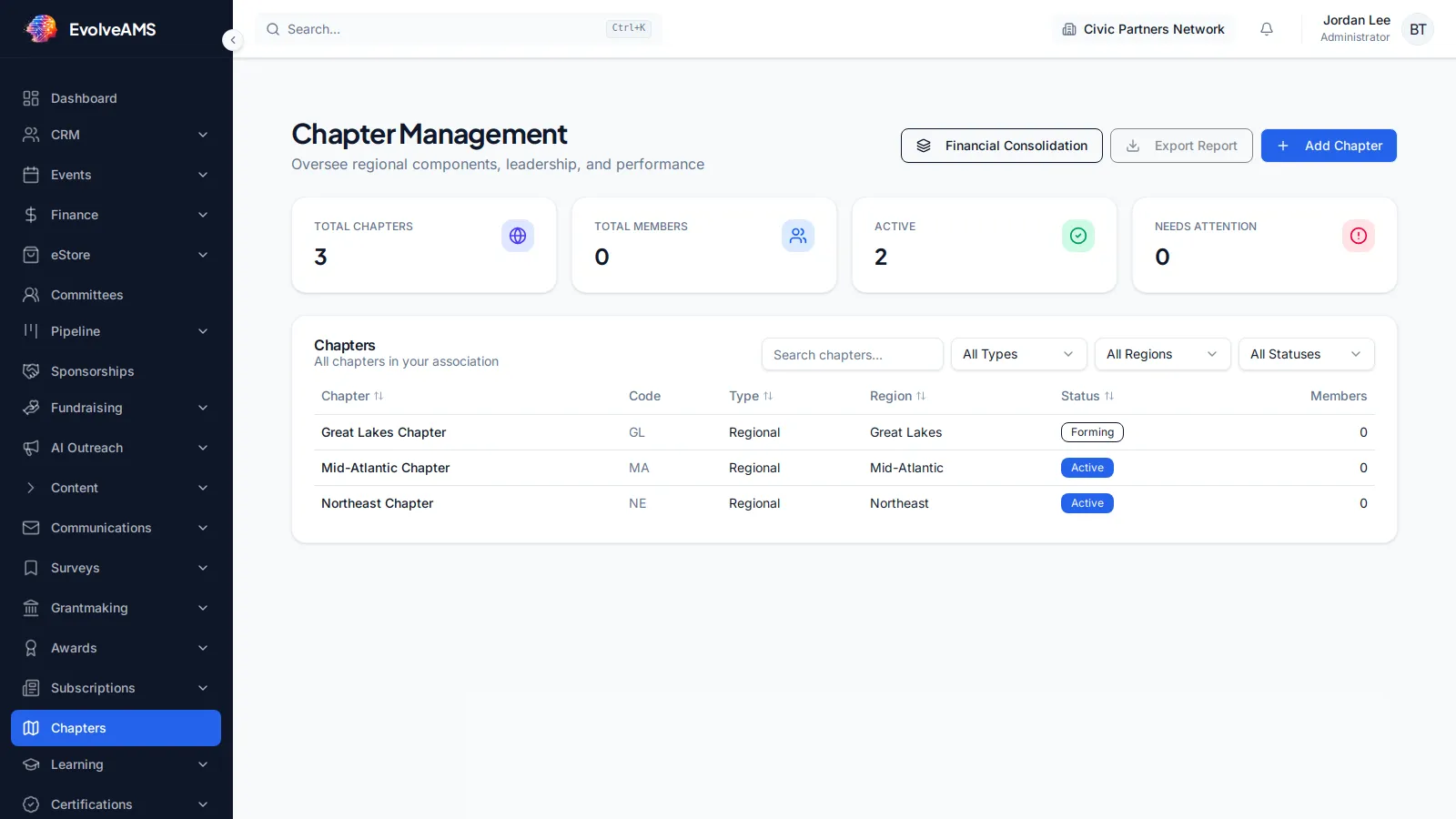 EvolveAMS Chapter Management dashboard with chapter summary cards, filters, and chapter list controls