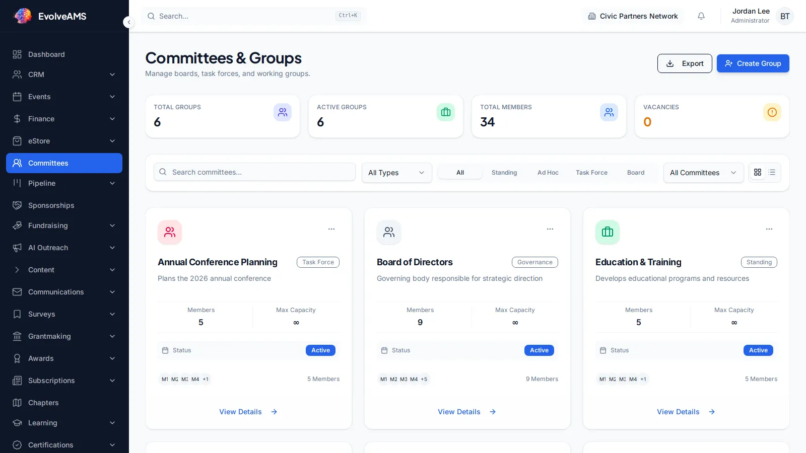 EvolveAMS Committees and Groups dashboard with committee metrics, filters, and committee management controls