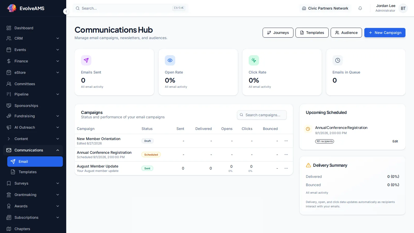 EvolveAMS Communications Hub with campaign metrics, recent communications, templates, and journey controls