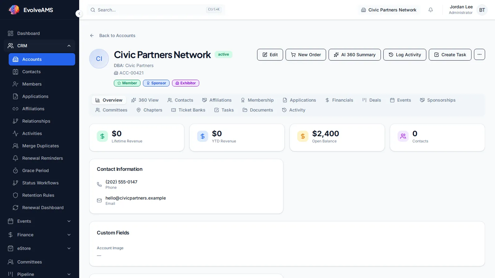 EvolveAMS Civic Partners Network CRM account with relationship roles, financial summary, tabs, and contact information