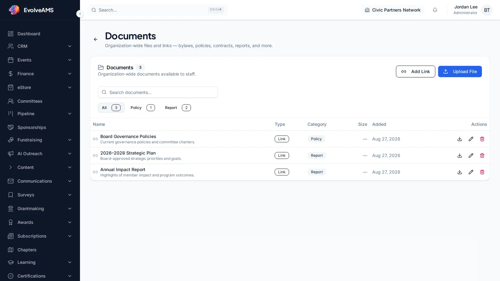 EvolveAMS Documents page with document management controls, filters, folders, and resource navigation