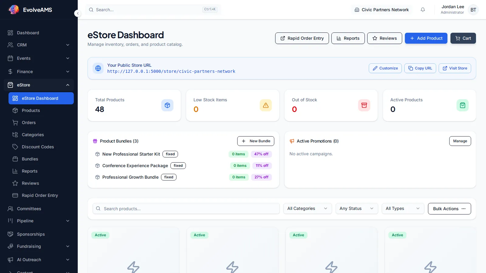 EvolveAMS eStore Dashboard with public store URL, inventory metrics, promotions, products, and rapid order entry