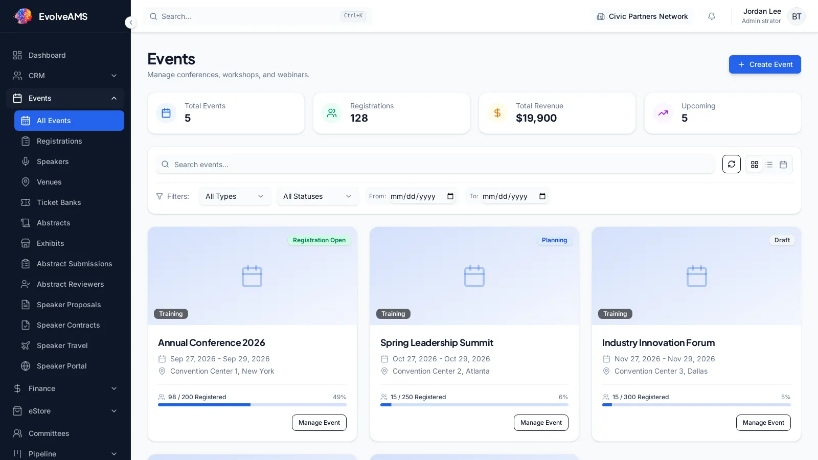 EvolveAMS Events page with event summary cards, filters, calendar controls, and event management navigation