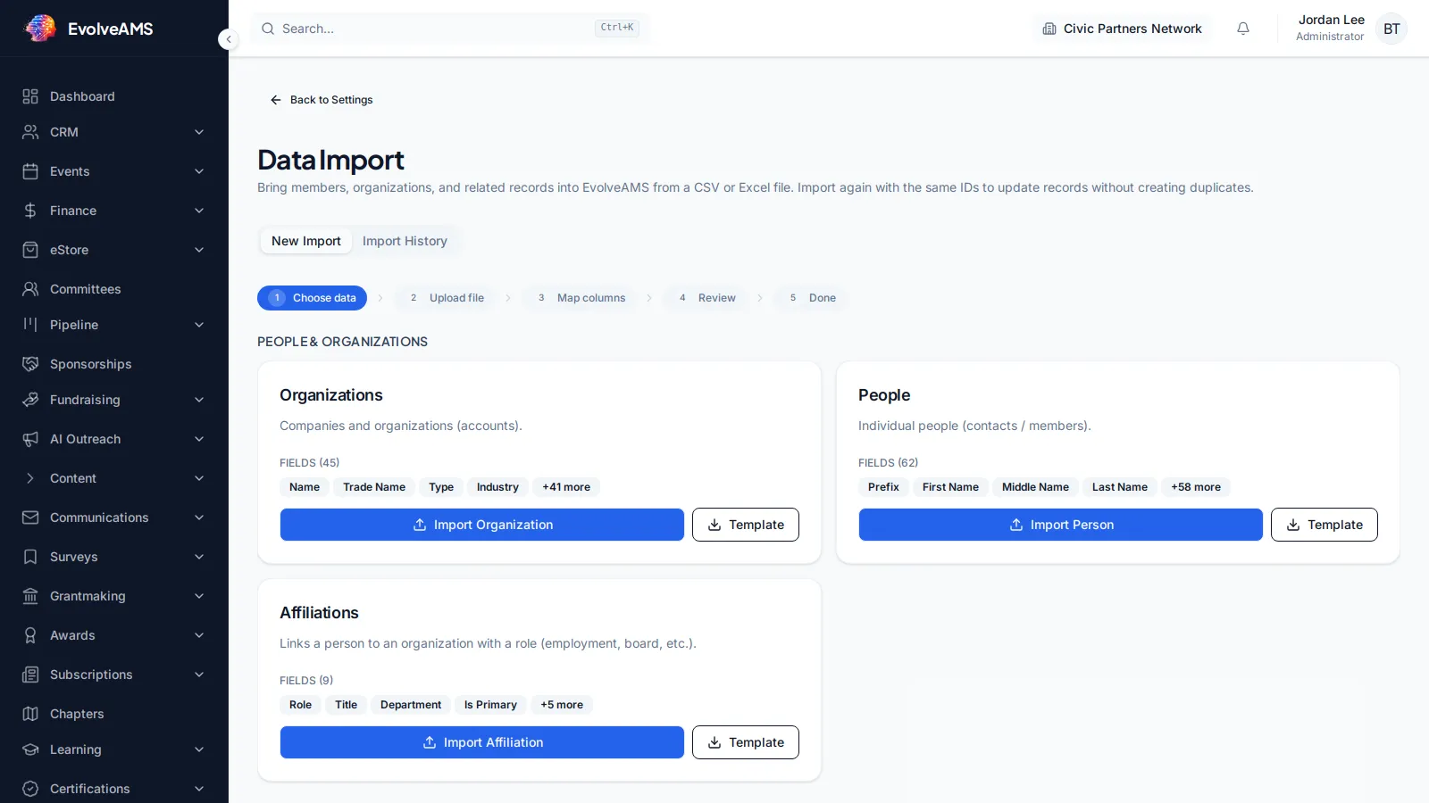 EvolveAMS Data Import wizard showing organization, people, and affiliation import choices with five guided steps