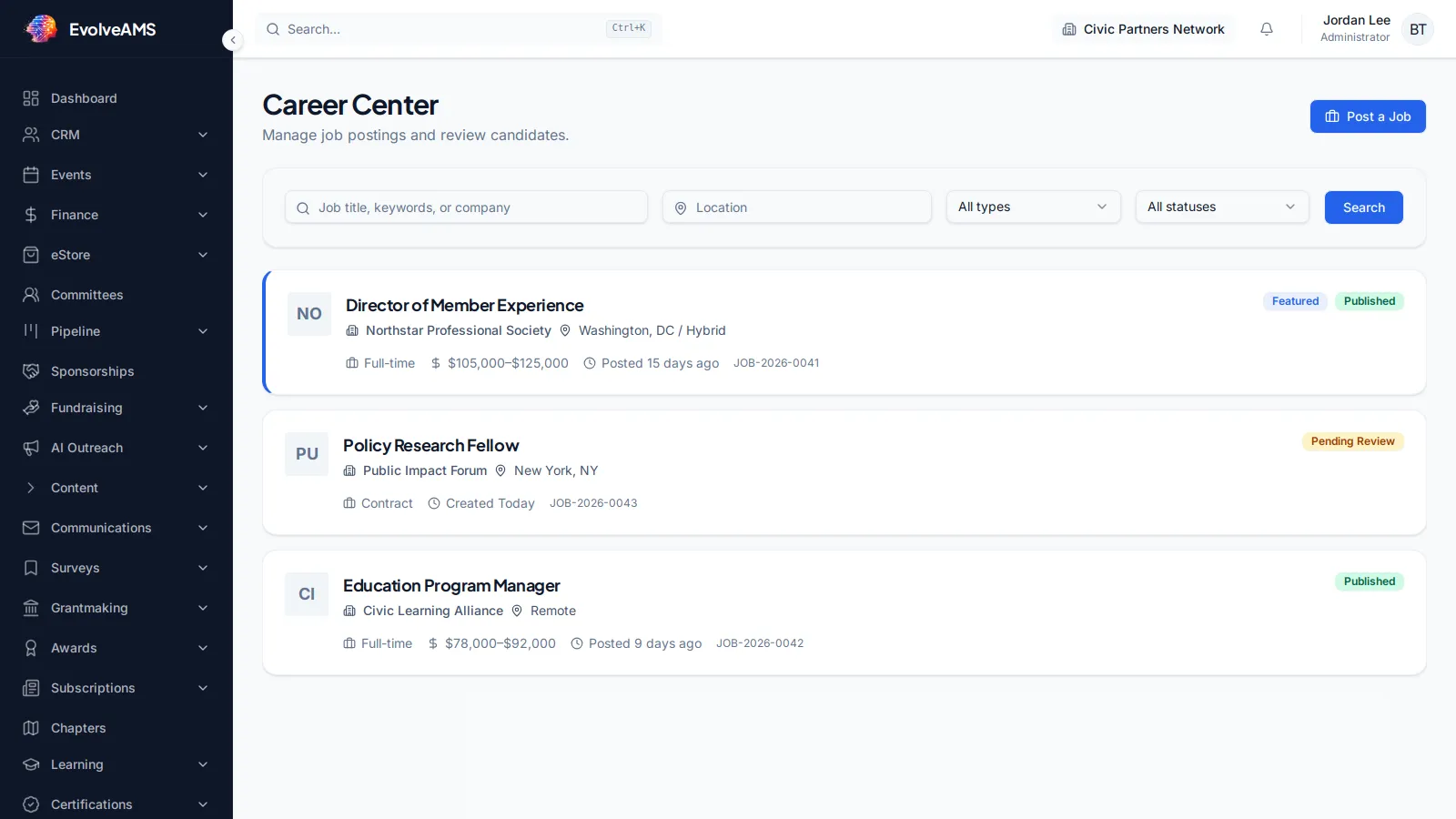 EvolveAMS Career Center administration page with posting metrics, filters, review controls, and job board navigation