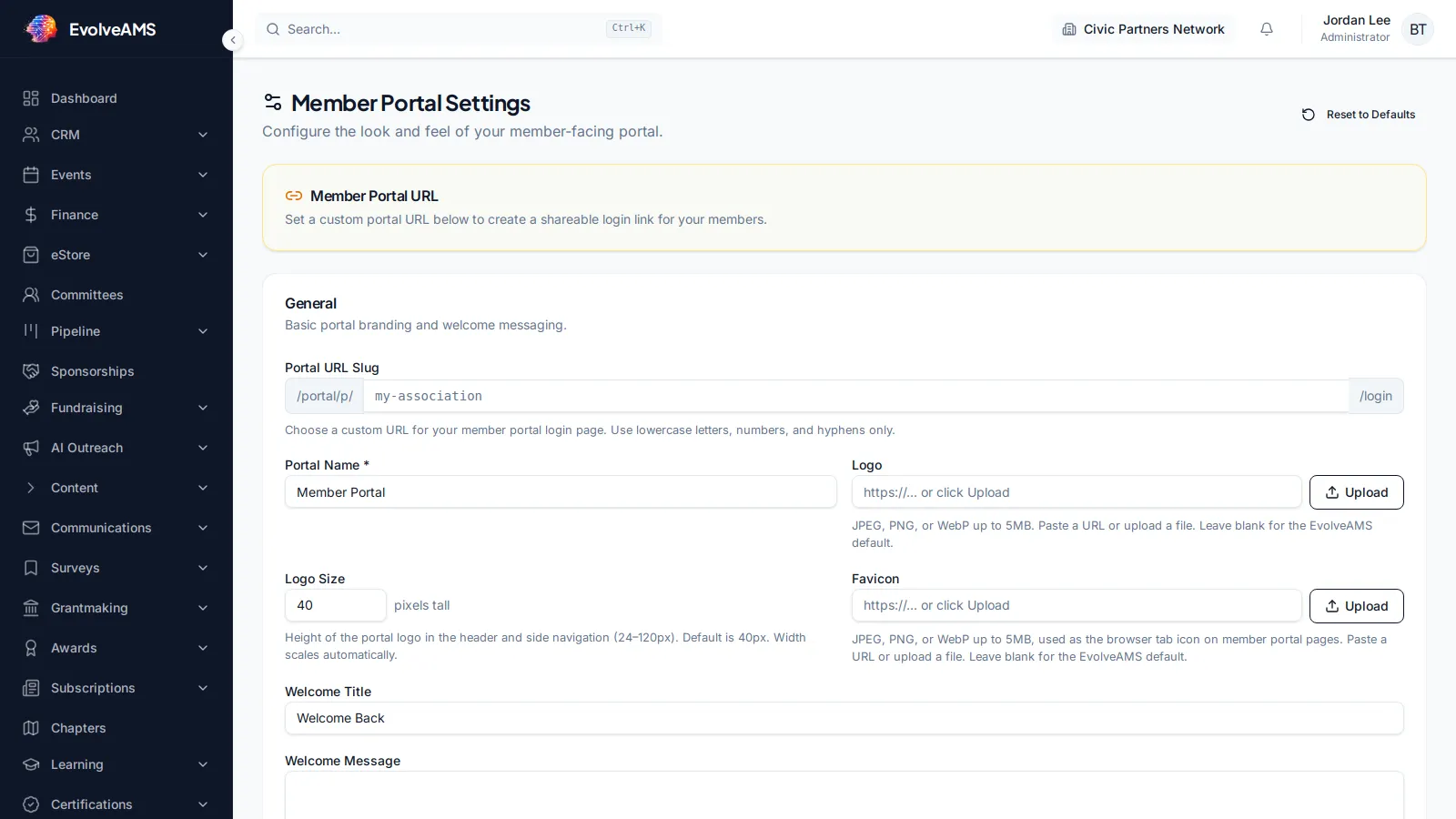 EvolveAMS Member Portal Settings screen showing portal URL setup, custom slug, portal name, logo and favicon fields, and welcome messaging