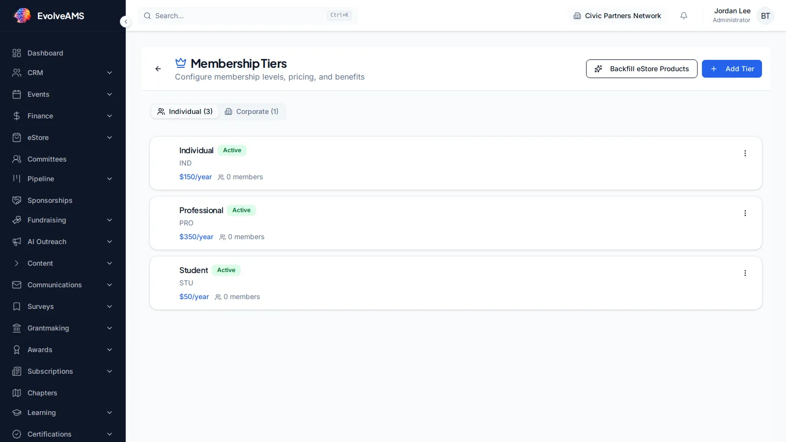 EvolveAMS Membership Tiers settings page with tier management controls and membership navigation