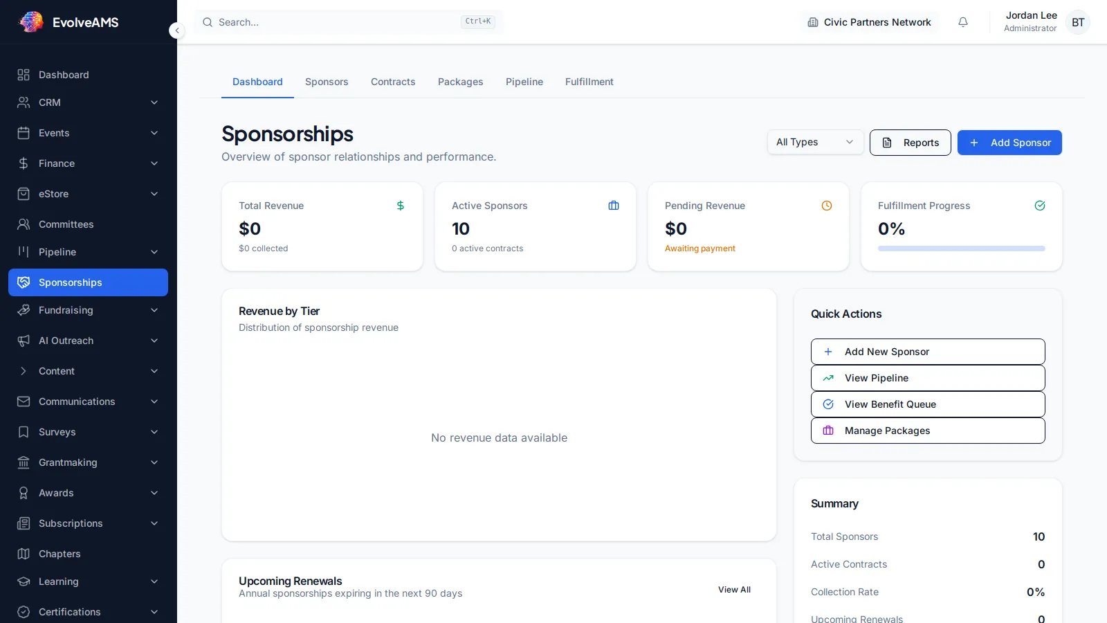 EvolveAMS Sponsorships dashboard with revenue metrics, sponsor pipeline, packages, contracts, and fulfillment navigation