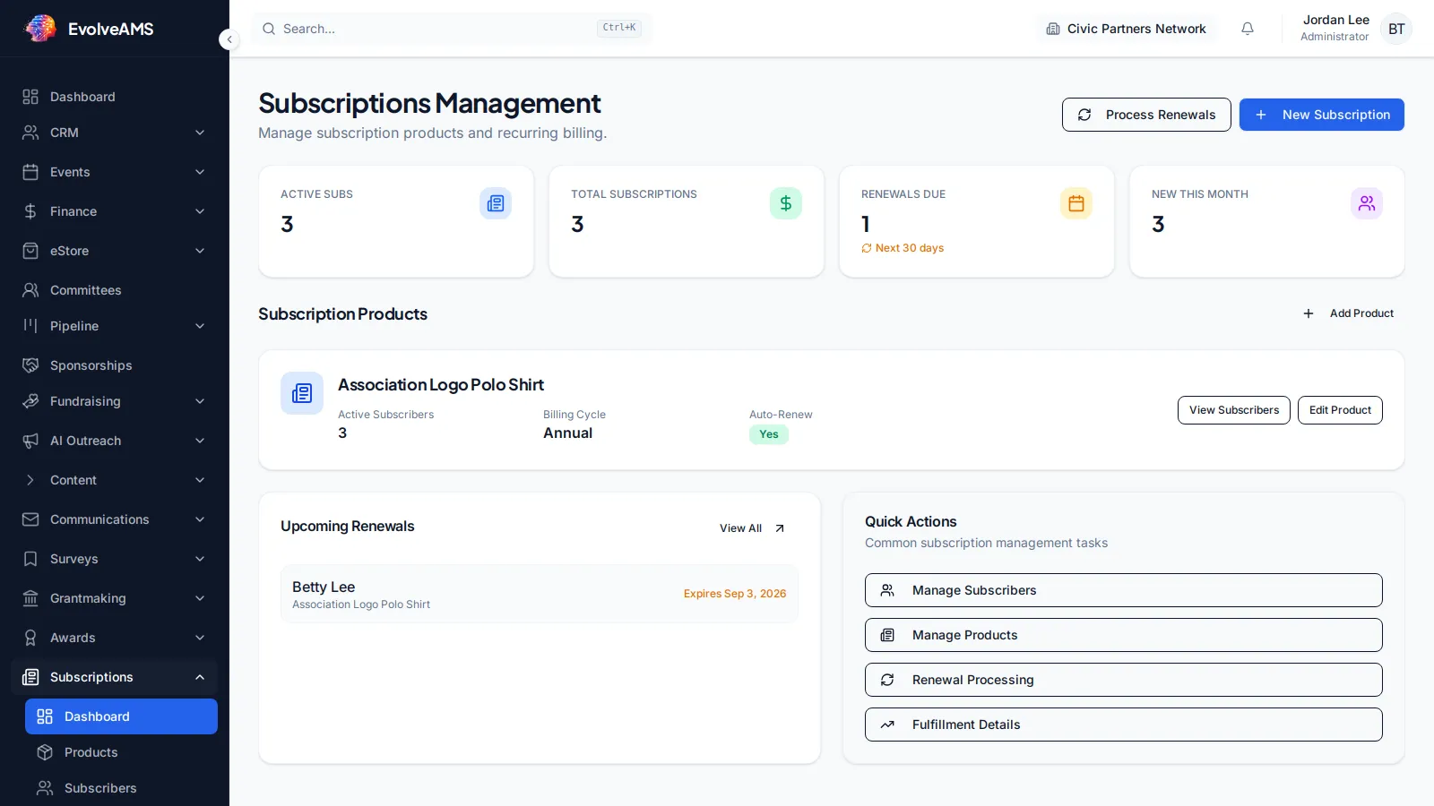 EvolveAMS Subscriptions Management dashboard with recurring revenue metrics, subscriber tools, and product navigation