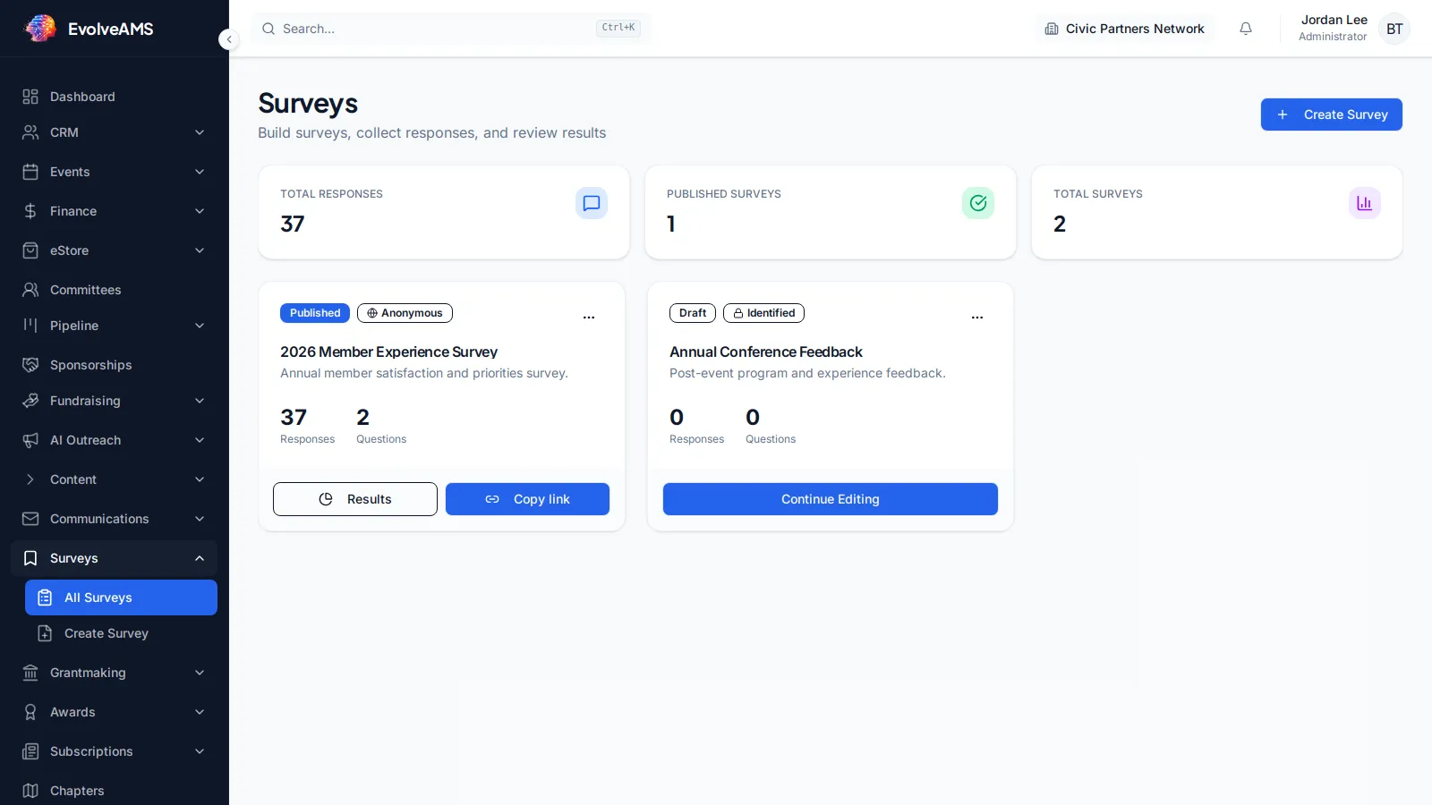 EvolveAMS Surveys dashboard with survey metrics, filters, creation control, and survey list area