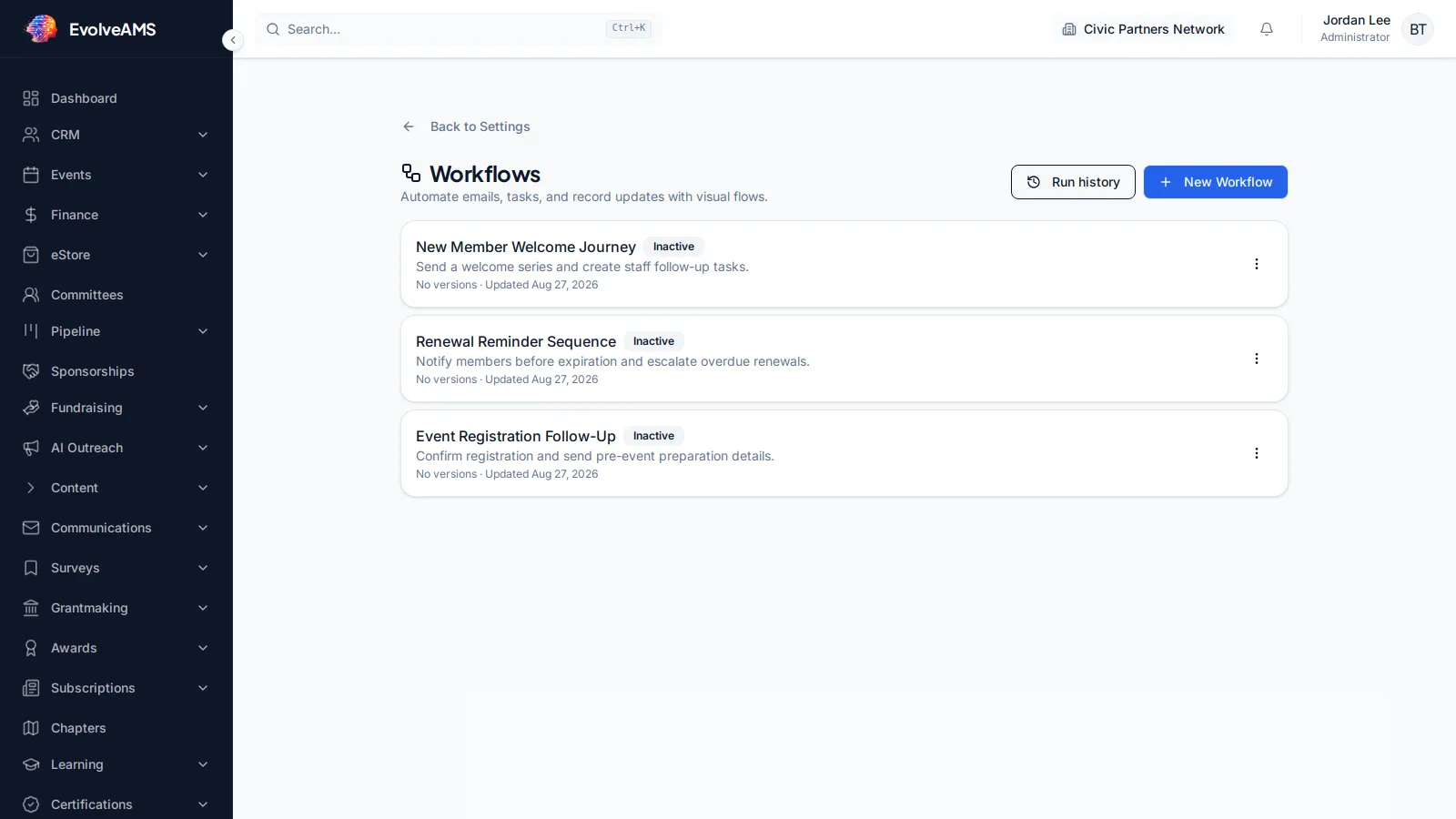 EvolveAMS Workflows page with workflow status filters, creation control, and run history navigation